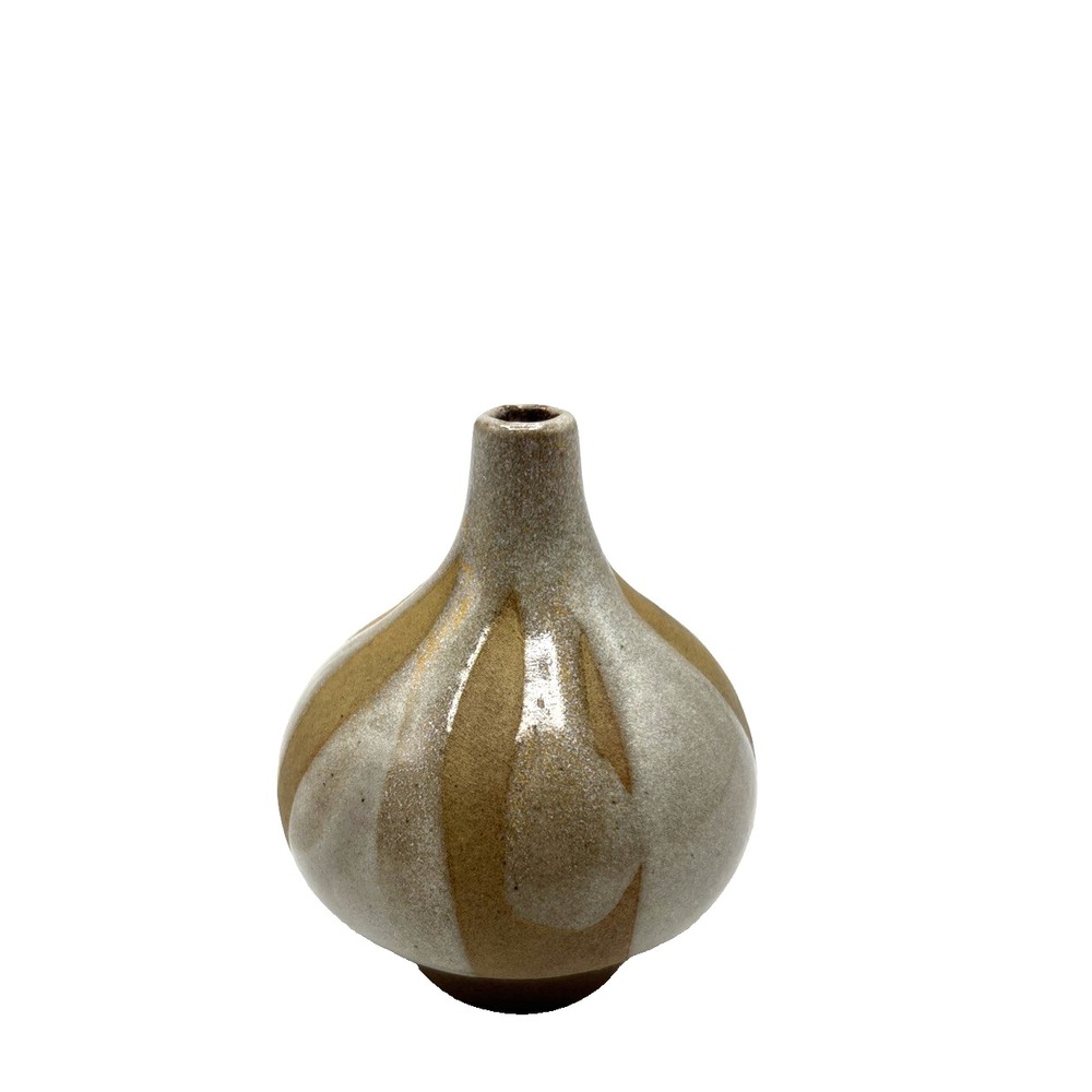 Vintage Robert Maxwell Pottery Craft 4in Tall Mini Vase Tan White Stoneware